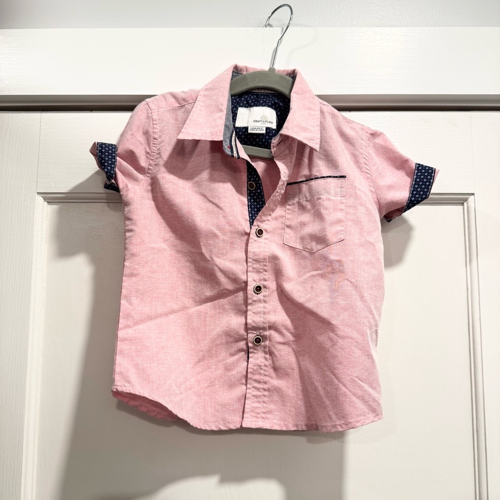 Craft + Flow Toddler Boys‎ Pink Button Up Shirt 3T Contrast Sleeve Turnup Easter